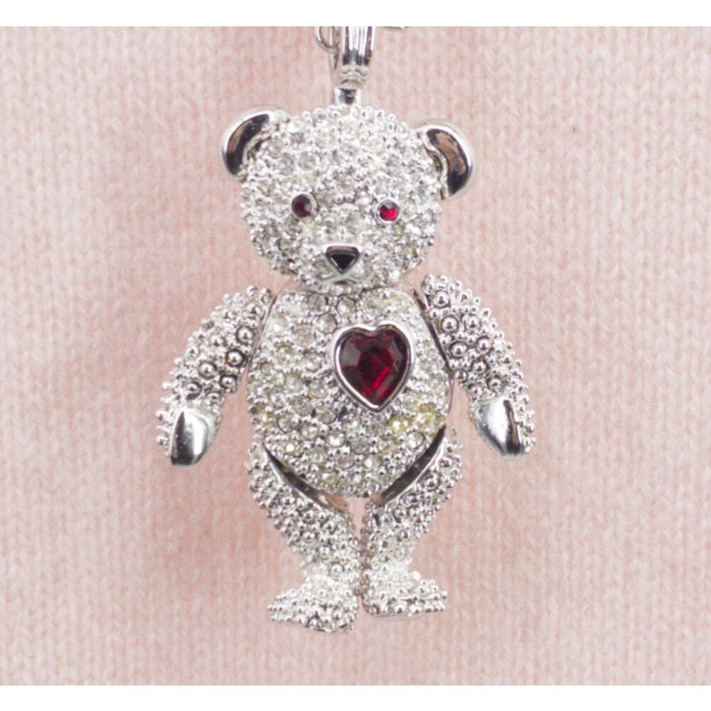 PJM Teddy Bear Pavé Rhinestone Necklace Convertible Pin Silver Tone